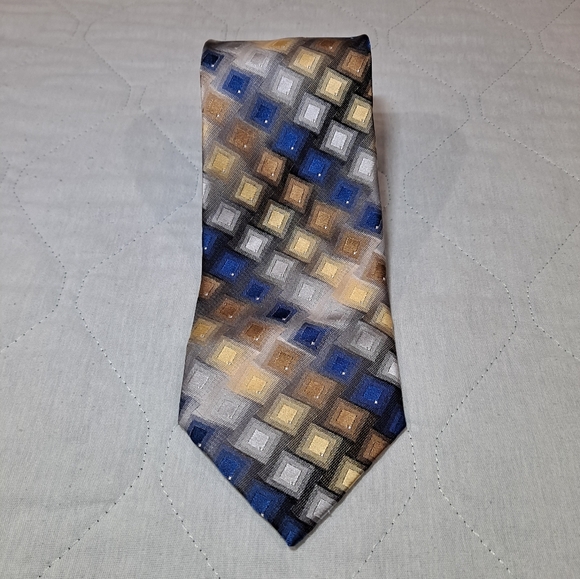 Van Heusen 💯 Silk Designer Necktie 59"x3.5" Geometric Multi-colored Blue/Gold - Picture 3 of 9
